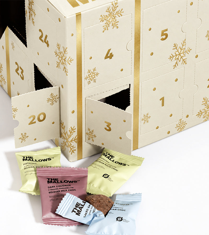 Calendario dell’Avvento con marshmallow gourmet ricoperti di cioccolato